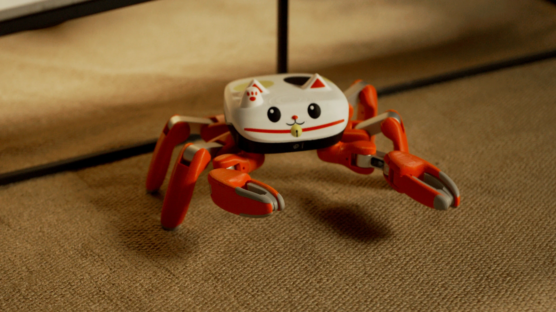 Jumper crab robot with a white lucky cat shell