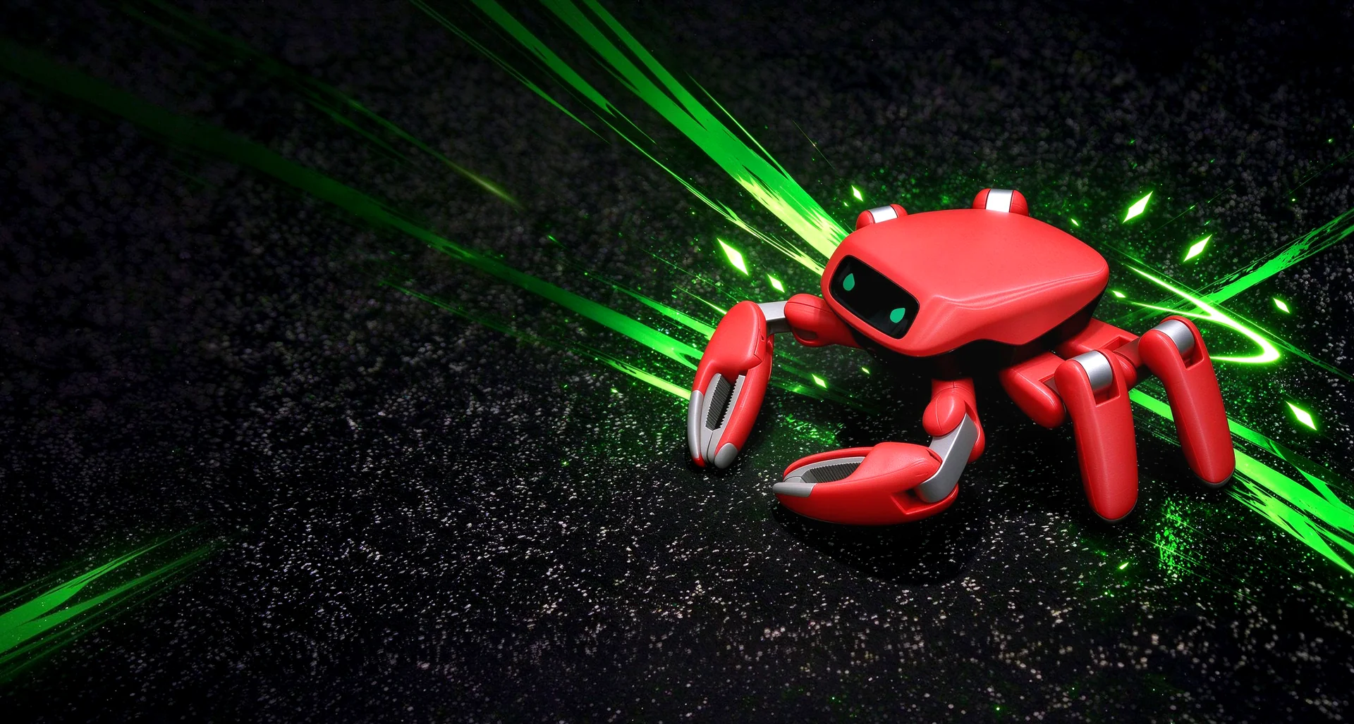 Red Jumper crab robot surrounded by green light trails and geometric shards